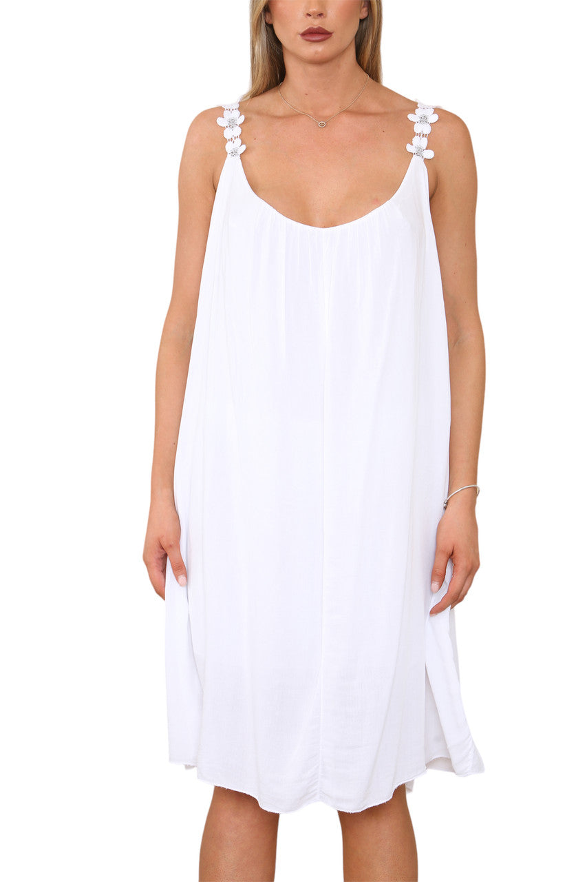 Ladies Floral Strap Detail Dress White