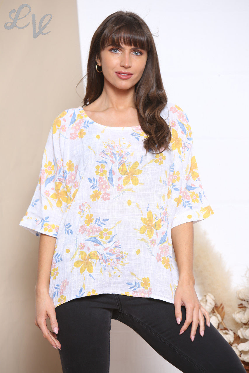 Ladies Ditsy Colourful Floral Top White