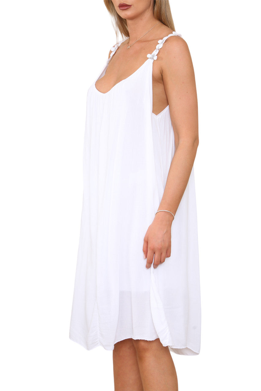 Ladies Floral Strap Detail Dress White