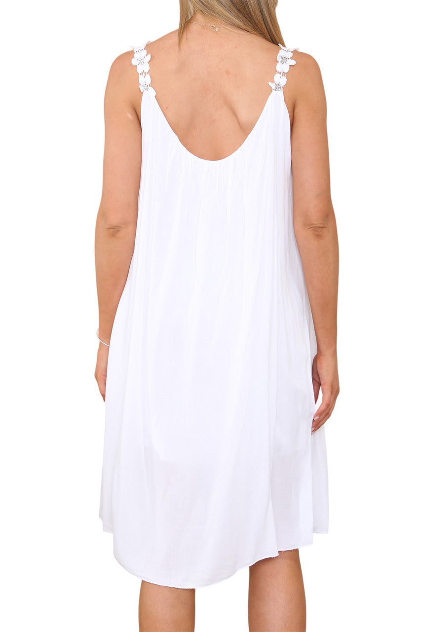 Ladies Floral Strap Detail Dress White