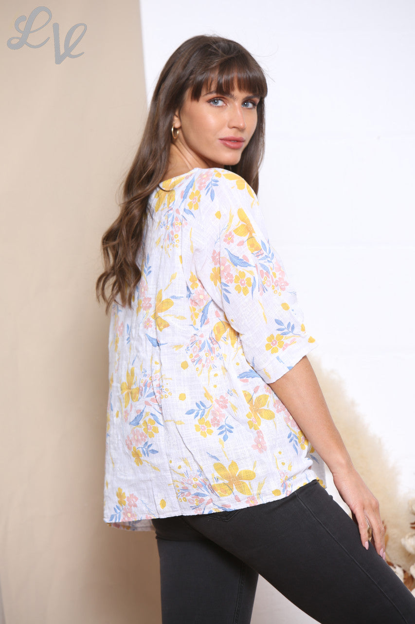 Ladies Ditsy Colourful Floral Top White