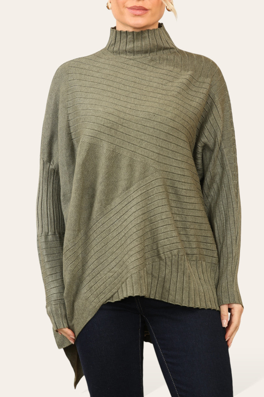 RIBBED ASYMMETRICAL HIGH NECK JUMPER KHAKI