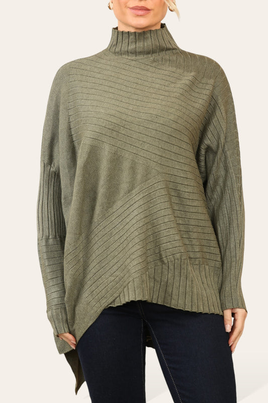 RIBBED ASYMMETRICAL HIGH NECK JUMPER KHAKI