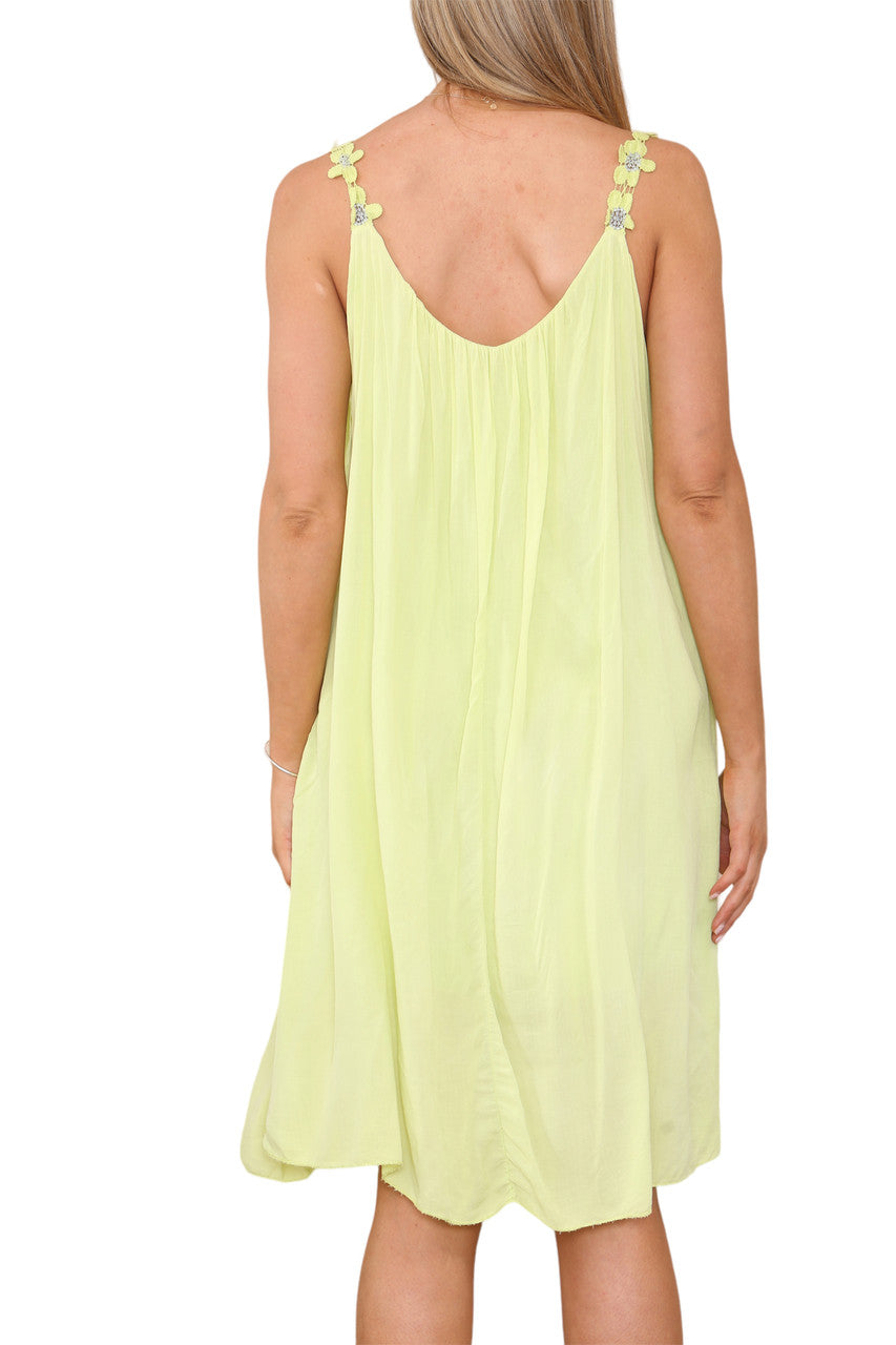 Ladies Floral Strap Detail Dress Lime
