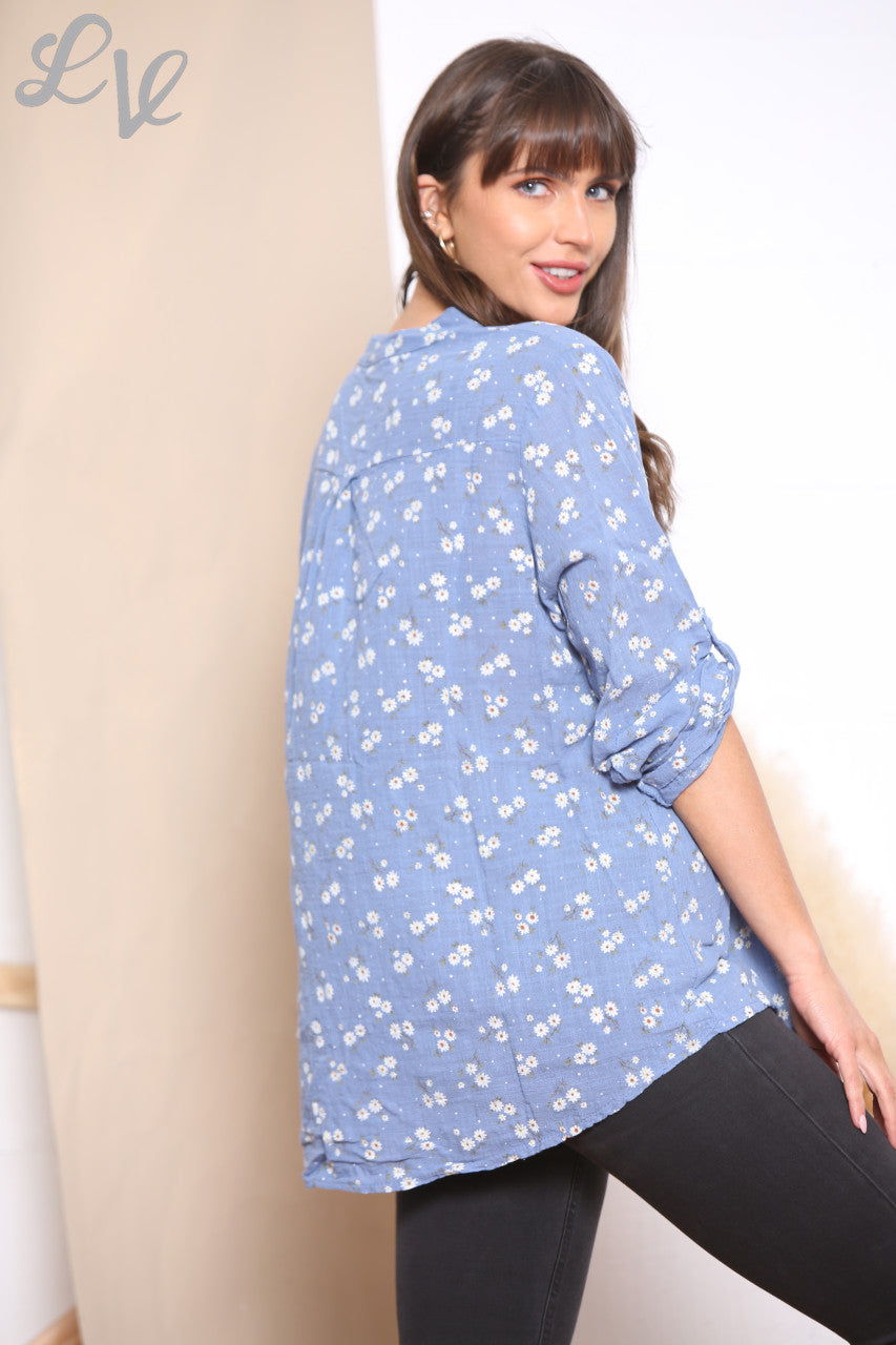 Ladies Daisy Ditsy Print Shirt Top Denim