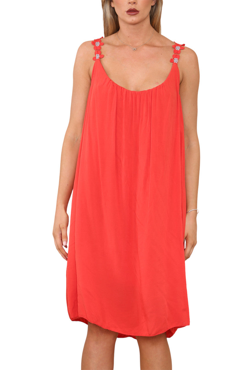 Ladies Floral Strap Detail Dress Red