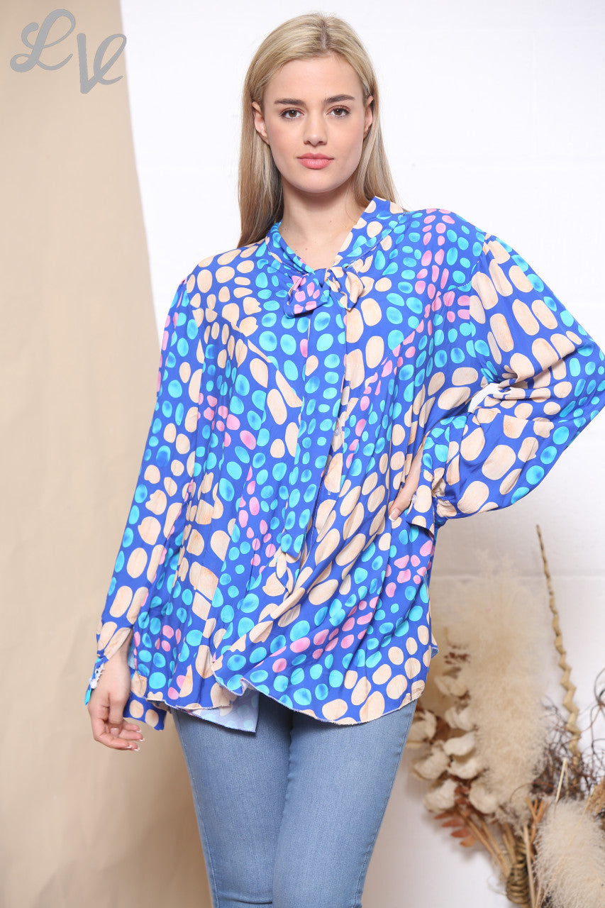 Dames Blouse met Polkadots, Strikkraag en Retro Stijl Koningsblauw