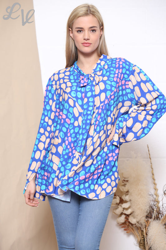 Ladies Retro Style Dot Print Tie Neck Blouse Royal Blue