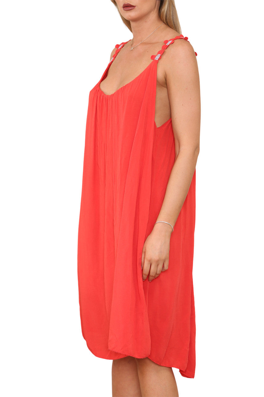 Ladies Floral Strap Detail Dress Red