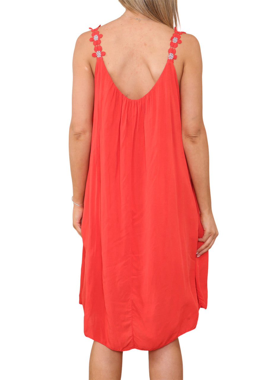 Ladies Floral Strap Detail Dress Red