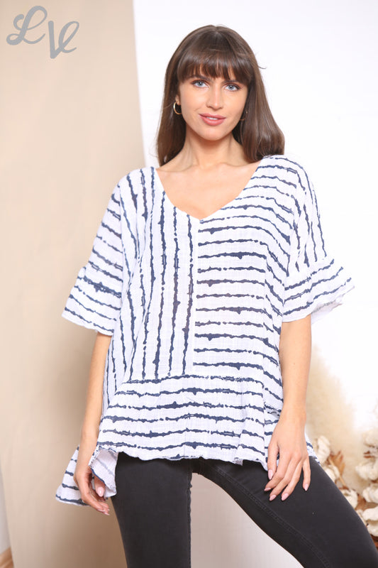 Ladies Striped Floaty Top White