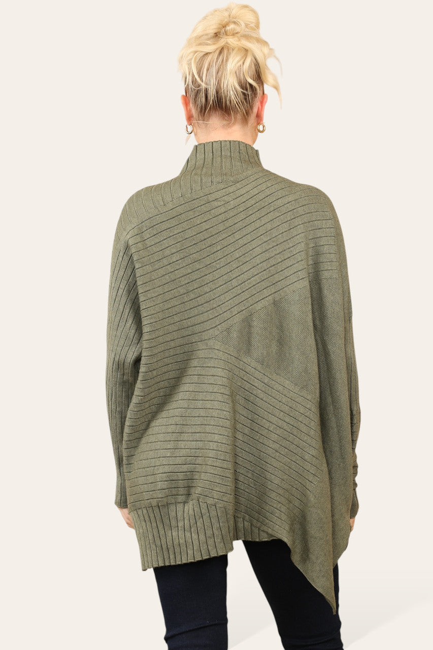 RIBBED ASYMMETRICAL HIGH NECK JUMPER KHAKI
