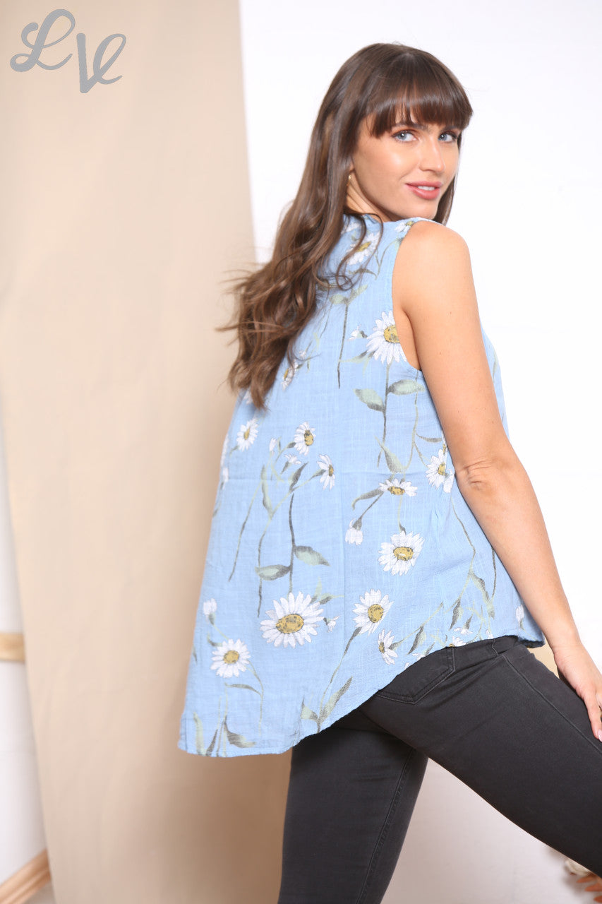 Ladies Daisy Floral Print Sleeveless Shirt Top Light Blue