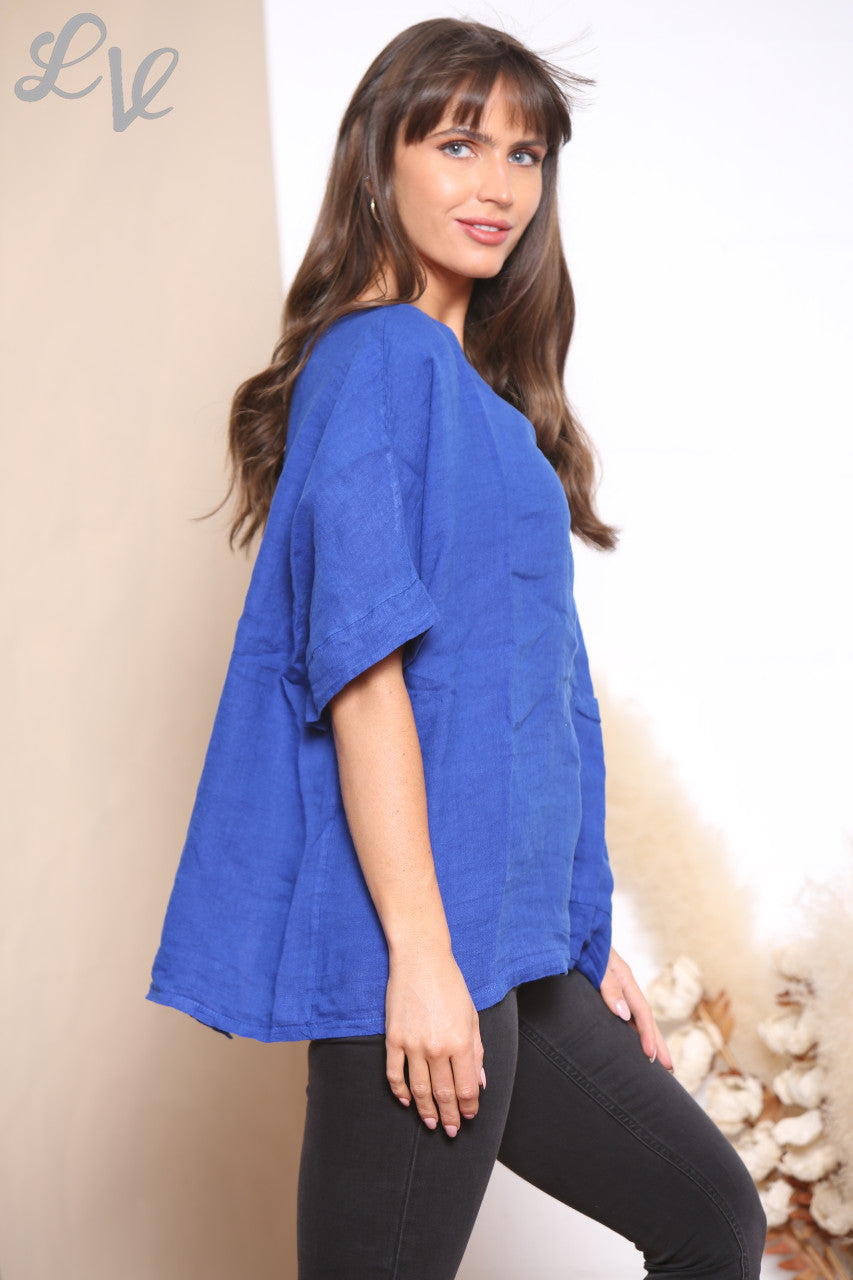 Ladies Buttons Back Top Royal Blue