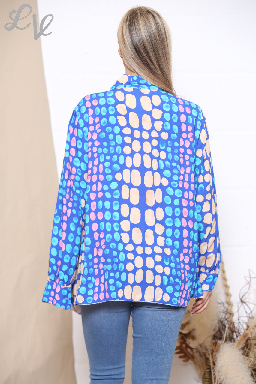 Dames Blouse met Polkadots, Strikkraag en Retro Stijl Koningsblauw