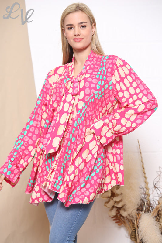 Ladies Retro Style Dot Print Tie Neck Blouse Cerise