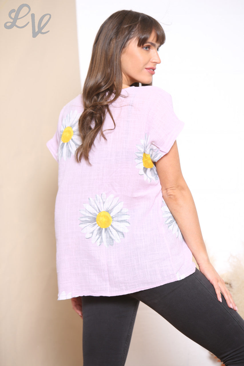 Dames T-shirt met Bloemen en Madeliefjesprint Lila