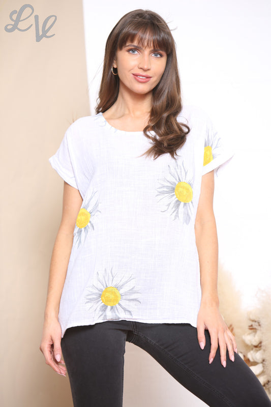 Ladies Floral Daisy Print Top White