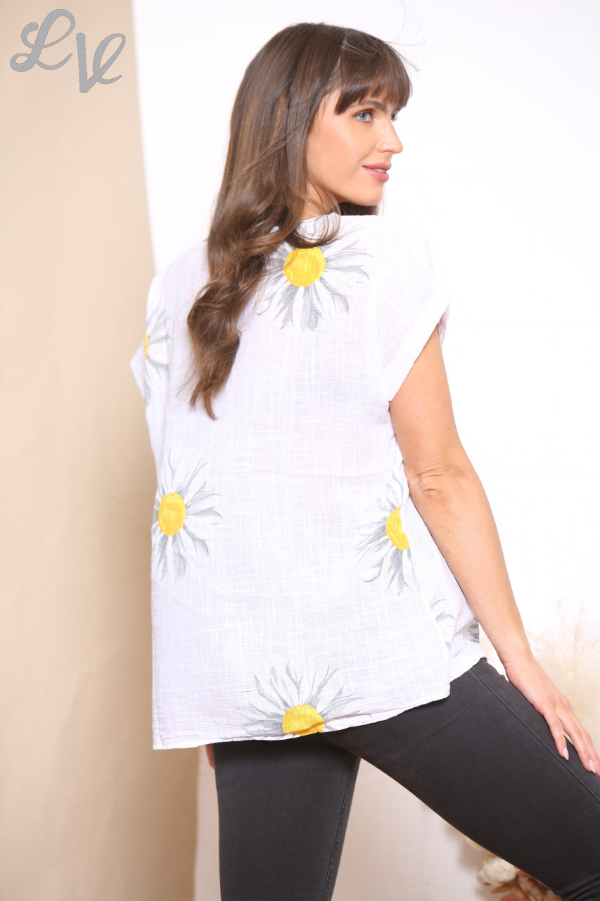 Ladies Floral Daisy Print Top White