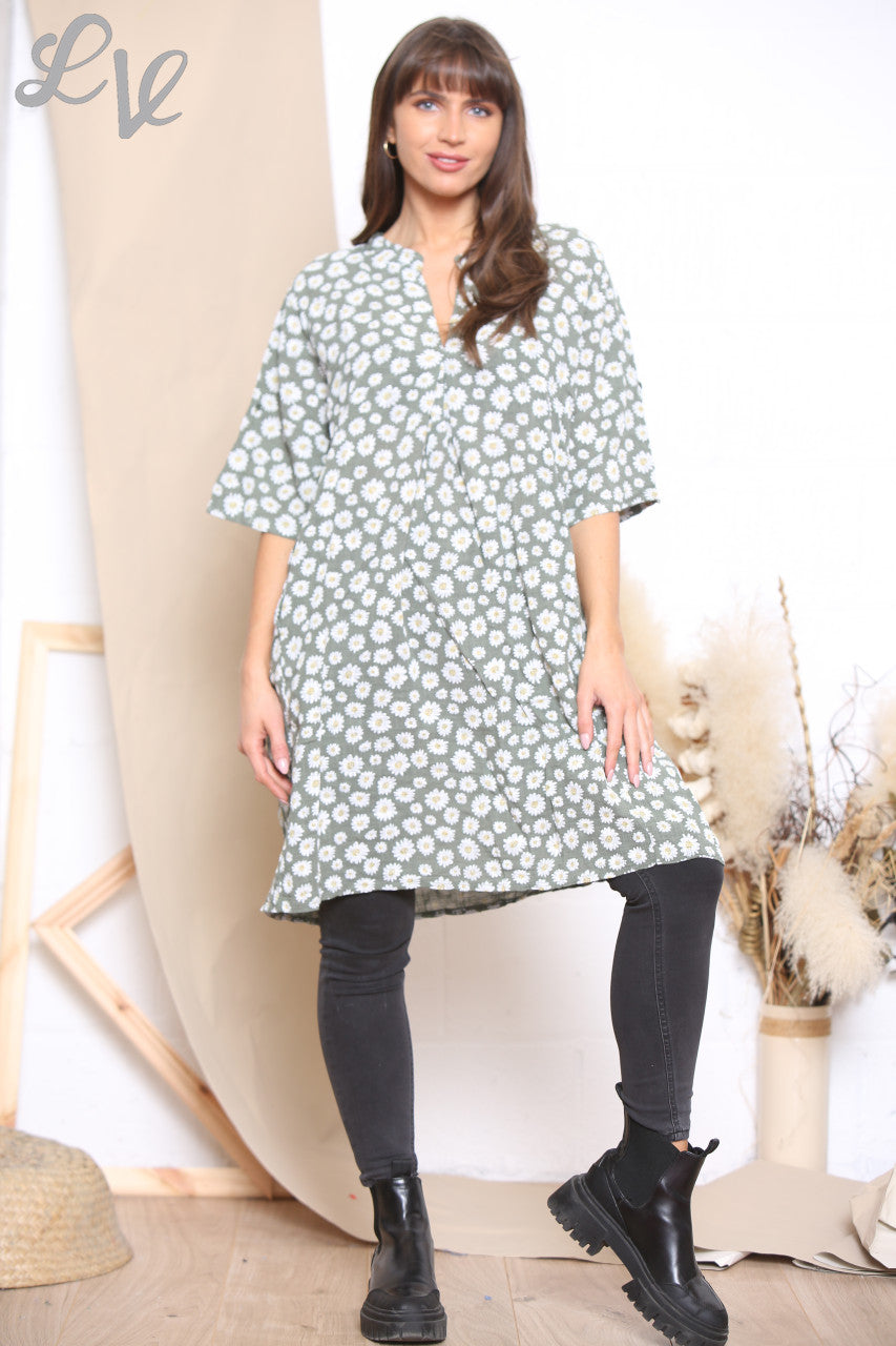 Ladies Daisy Ditsy Print Tunic Top Dress Khaki