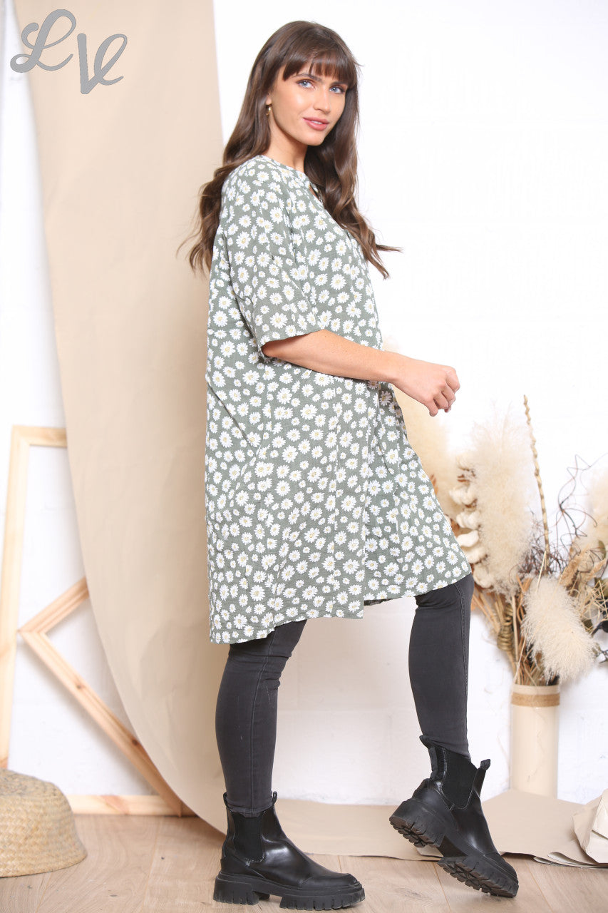 Ladies Daisy Ditsy Print Tunic Top Dress Khaki