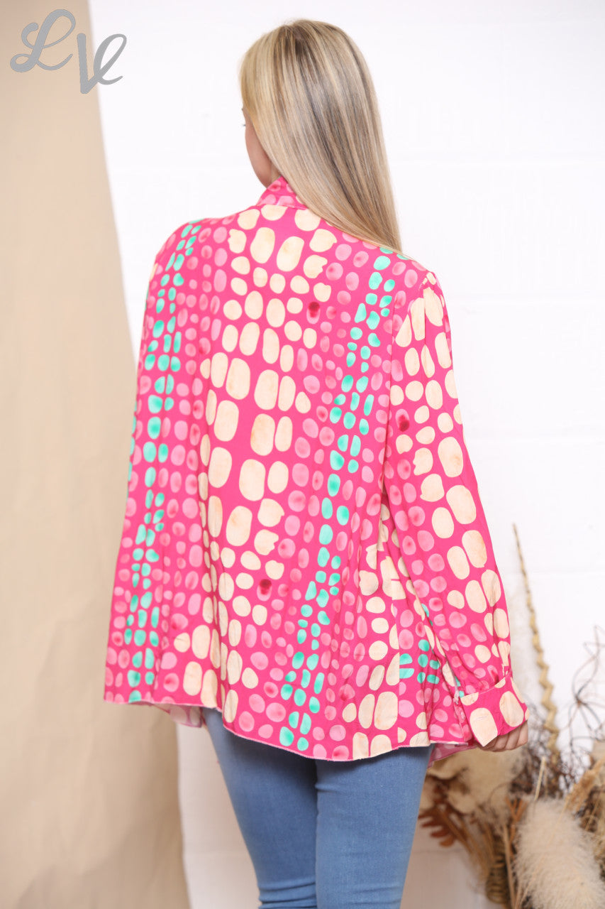 Ladies Retro Style Dot Print Tie Neck Blouse Cerise