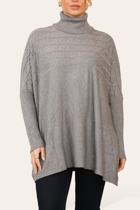 CABLE KNIT EMBROIDERY BATWING HIGH NECK JUMPER GREY