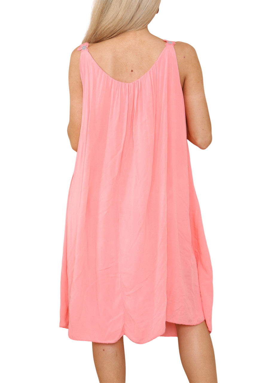 Ladies Floral Strap Detail Dress Coral
