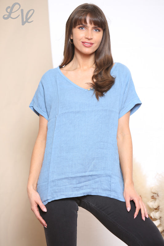 Ladies Plain V Neck Top Denim