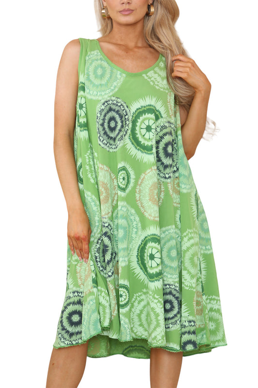 Ladies Tie Dye V-Neck Hanky Hem Sleeveless Dress Green