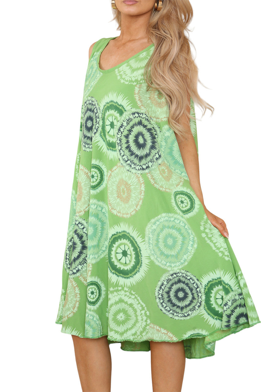 Dames Tie Dye V-hals Mouwloze Jurk met Hanky Zoom Groen