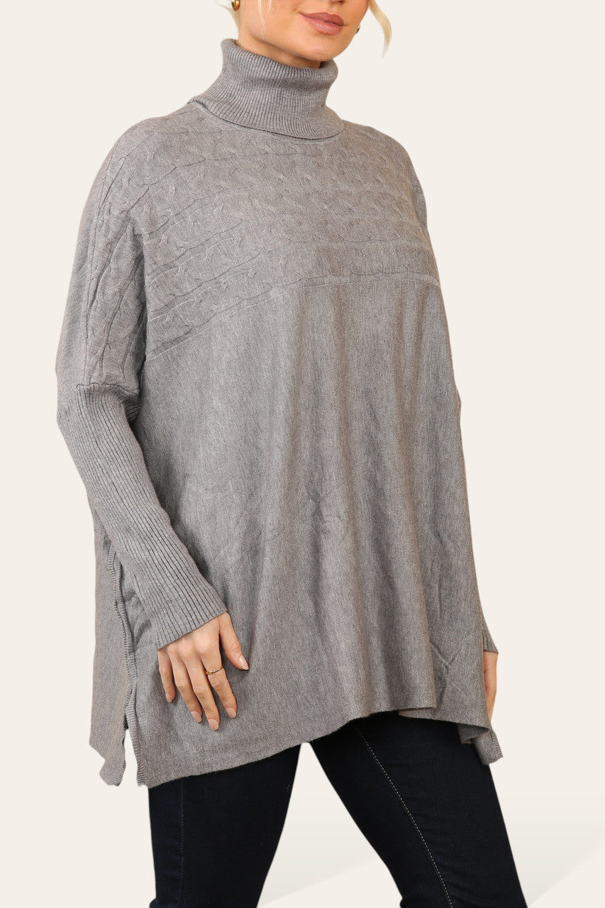 CABLE KNIT EMBROIDERY BATWING HIGH NECK JUMPER GREY