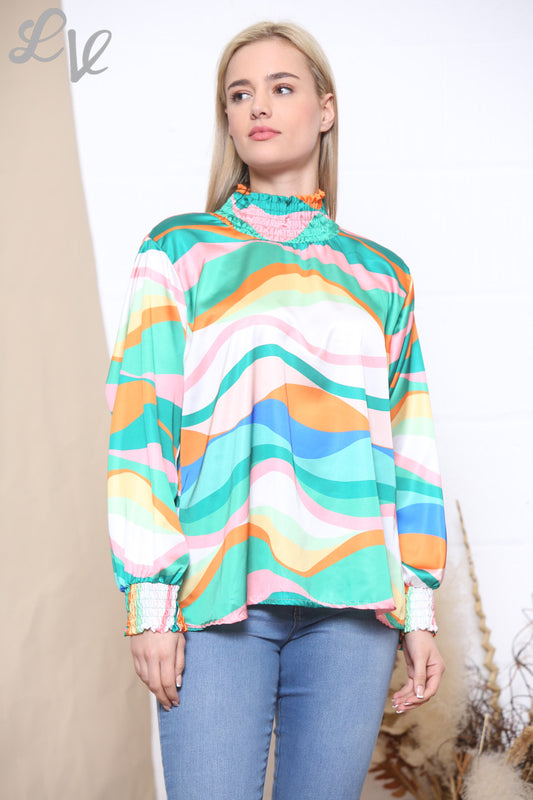 Ladies Multicoloured Retro Wave Print Gathered Neck Blouse Tiffany