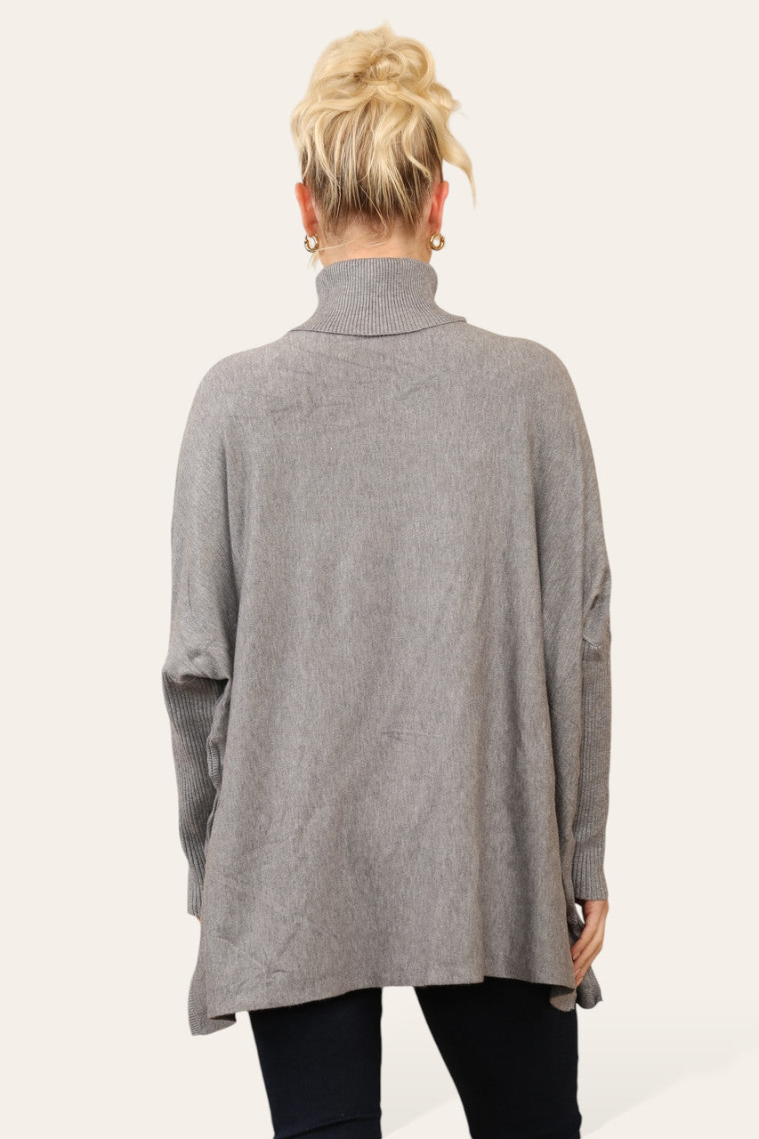 CABLE KNIT EMBROIDERY BATWING HIGH NECK JUMPER GREY