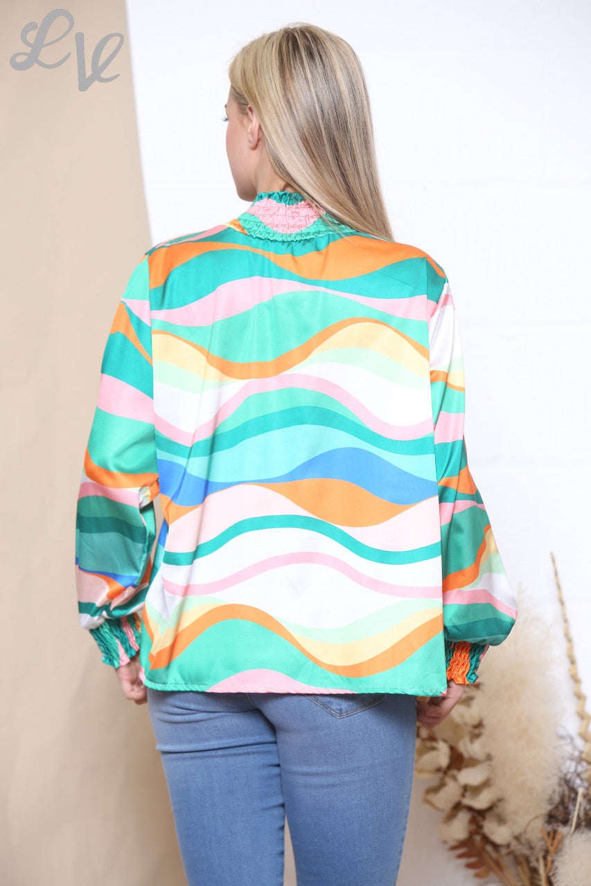Ladies Multicoloured Retro Wave Print Gathered Neck Blouse Tiffany