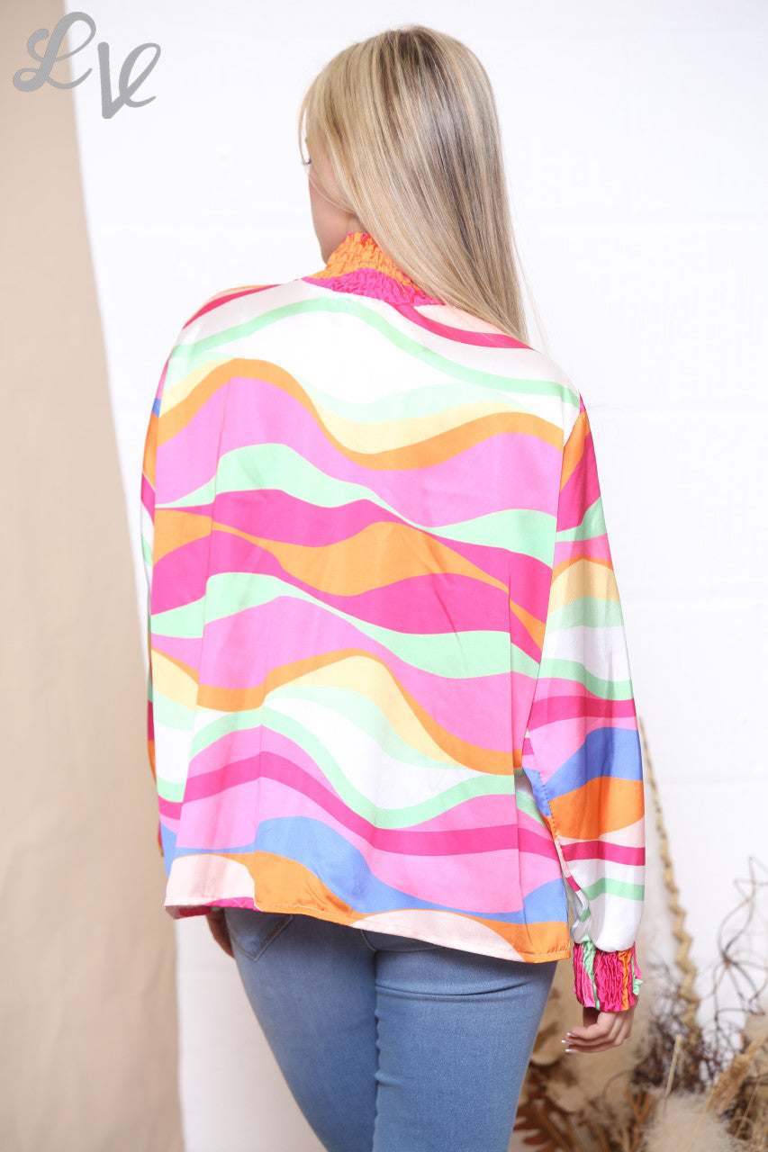 Dames multicolour retro wave print blouse met geplooide hals fuchsia