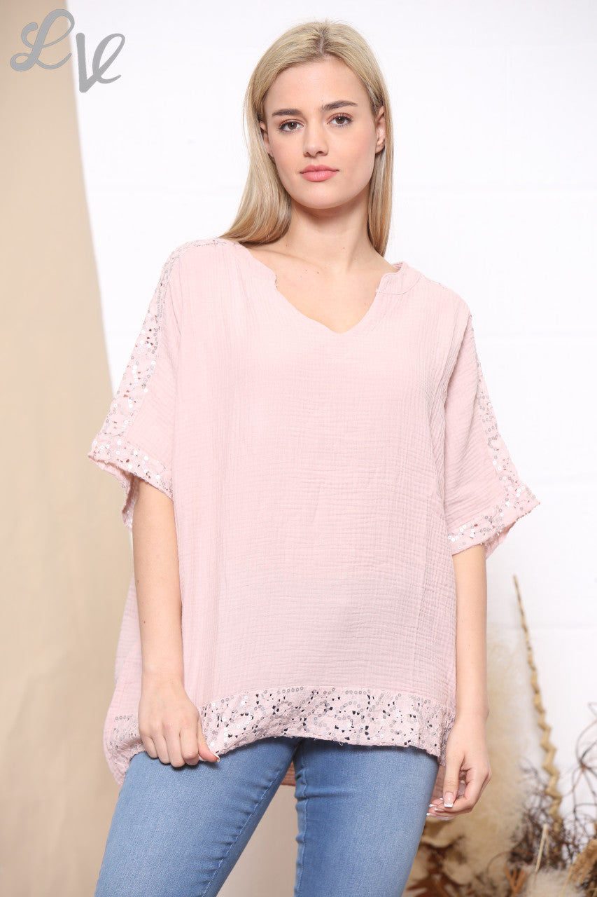 Dames V-hals top met glitters op de mouwen Dusty Pink