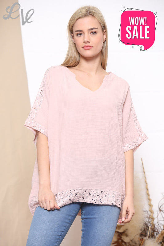 Ladies Ladies V Neck Top With Glitters On Arms Dusty Pink