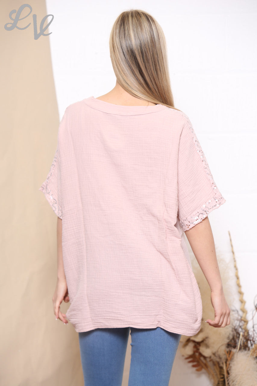 Dames V-hals top met glitters op de mouwen Dusty Pink