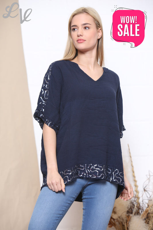 Ladies Ladies V Neck Top With Glitters On Arms Navy