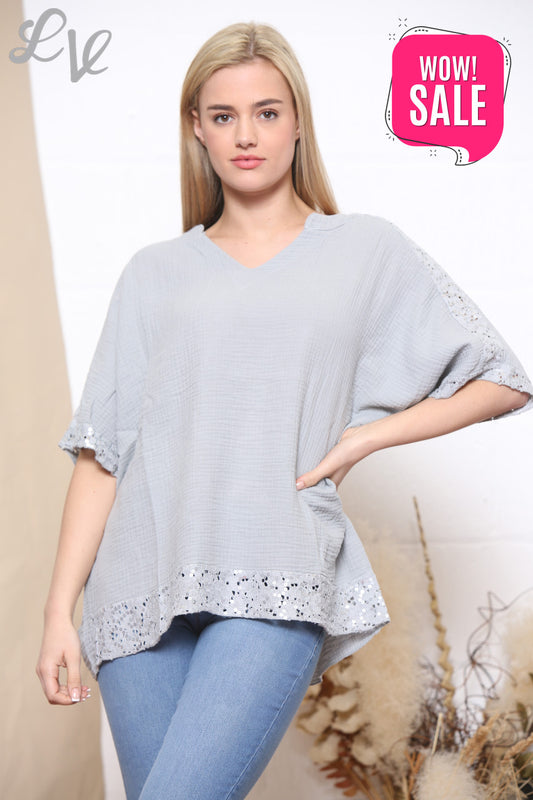 Ladies Ladies V Neck Top With Glitters On Arms Grey