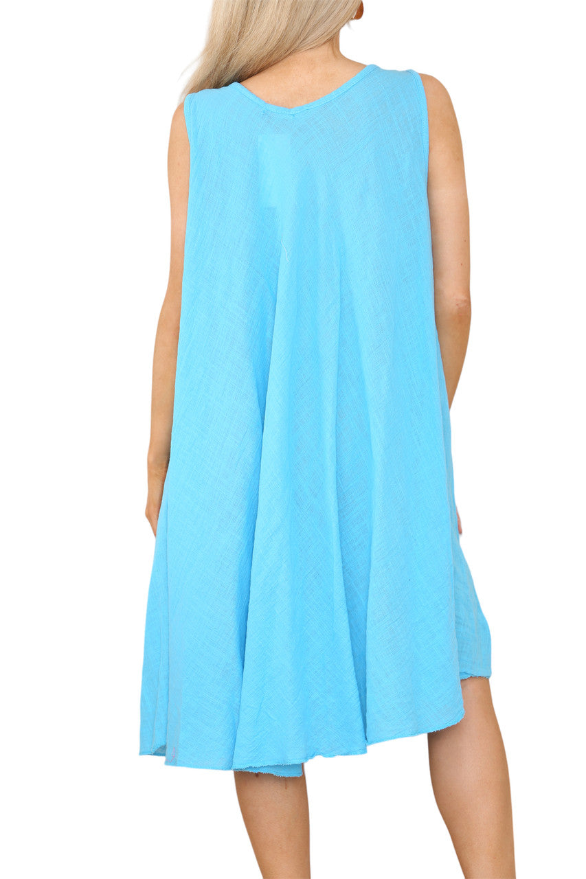 Ladies Plain V-Neck Hanky Hem Sleeveless Dress Turquoise