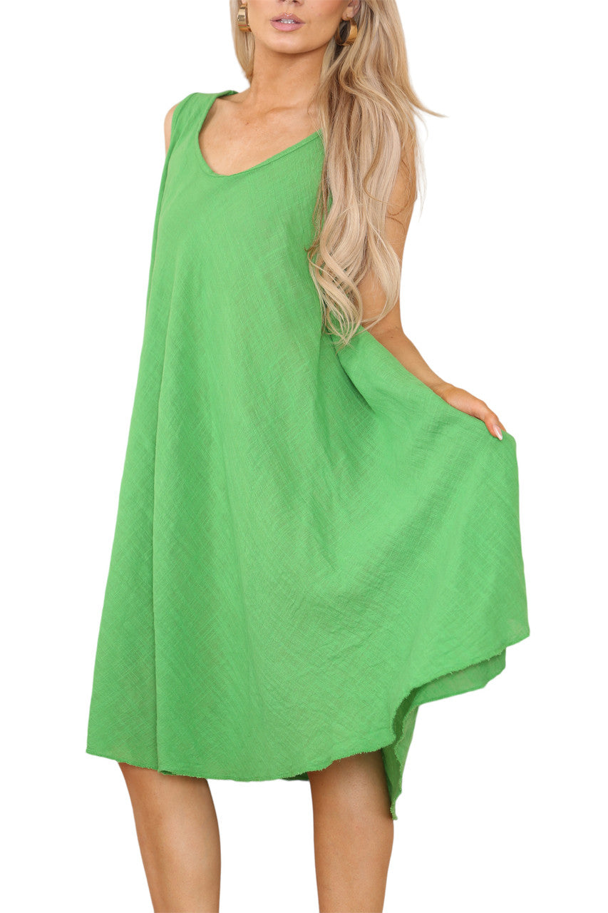 Ladies Plain V-Neck Hanky Hem Sleeveless Dress Green