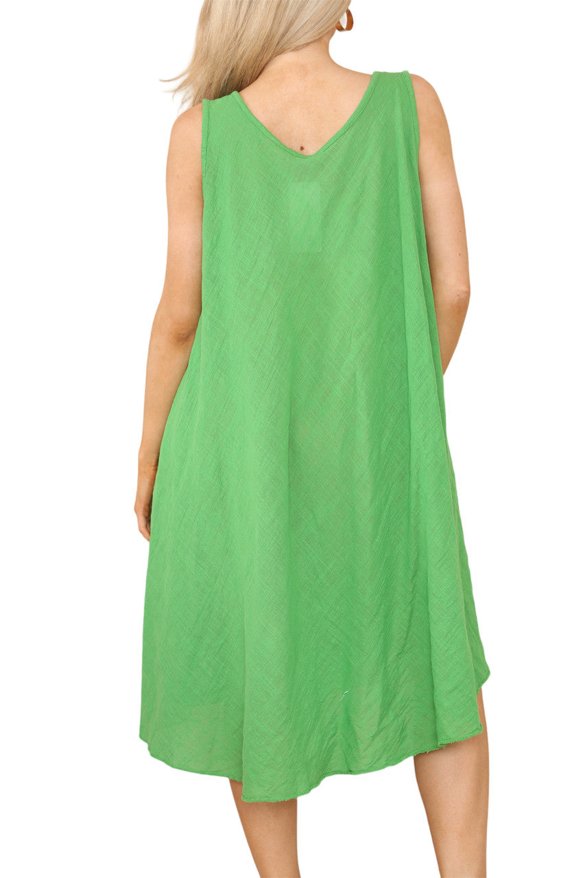 Ladies Plain V-Neck Hanky Hem Sleeveless Dress Green