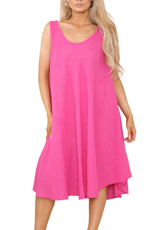 Ladies Plain V-Neck Hanky Hem Sleeveless Dress Cerise