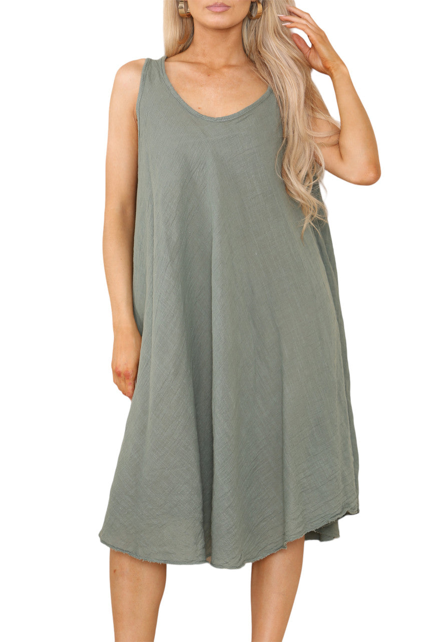 Dames Effen V-hals Hanky Zoom Mouwloze Jurk Kaki