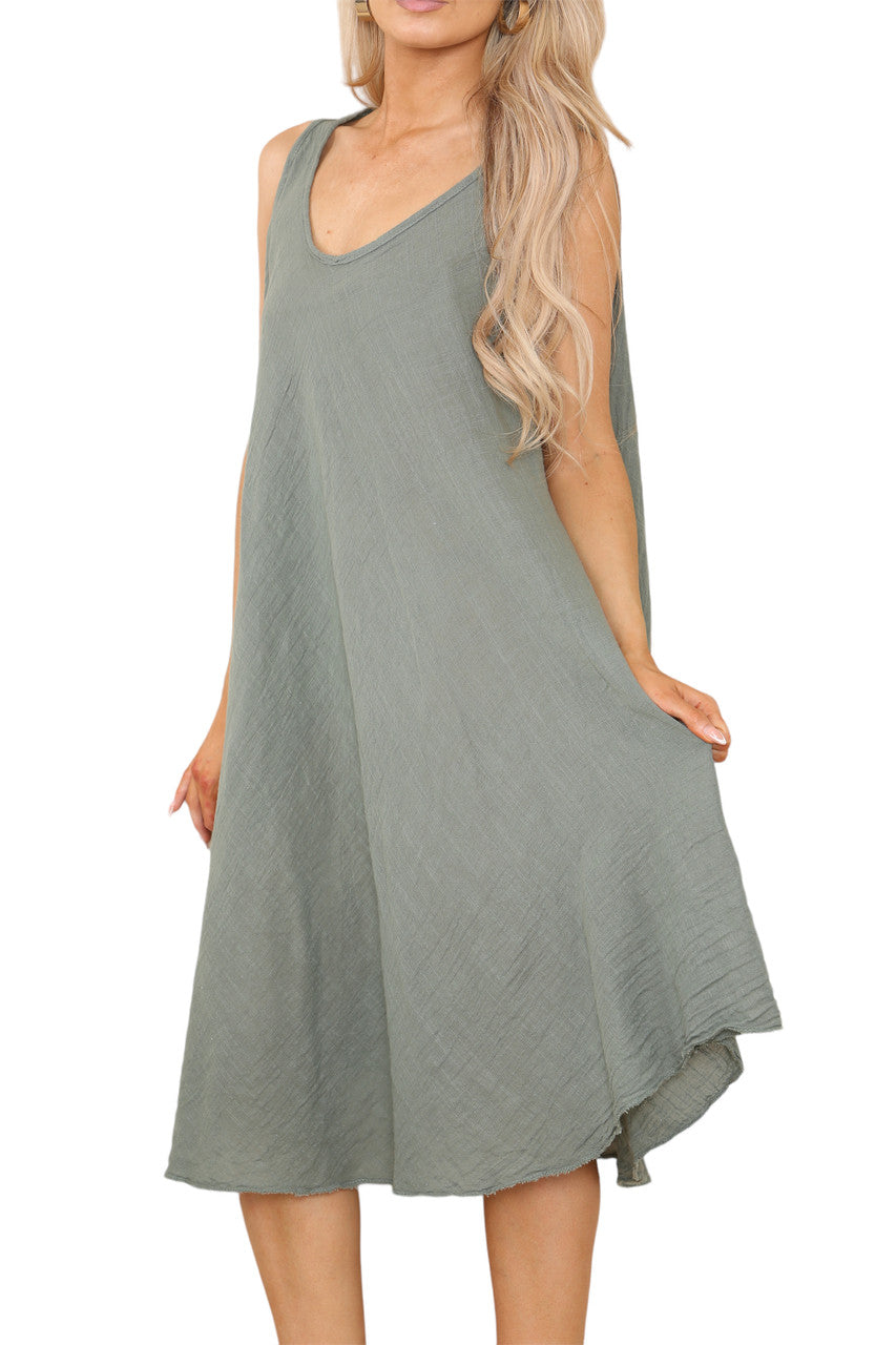 Dames Effen V-hals Hanky Zoom Mouwloze Jurk Kaki