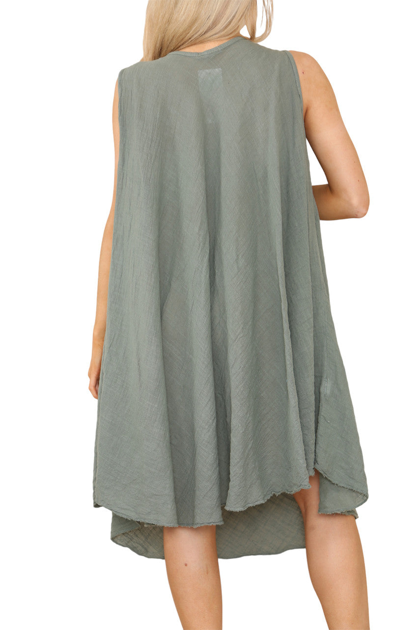 Dames Effen V-hals Hanky Zoom Mouwloze Jurk Kaki