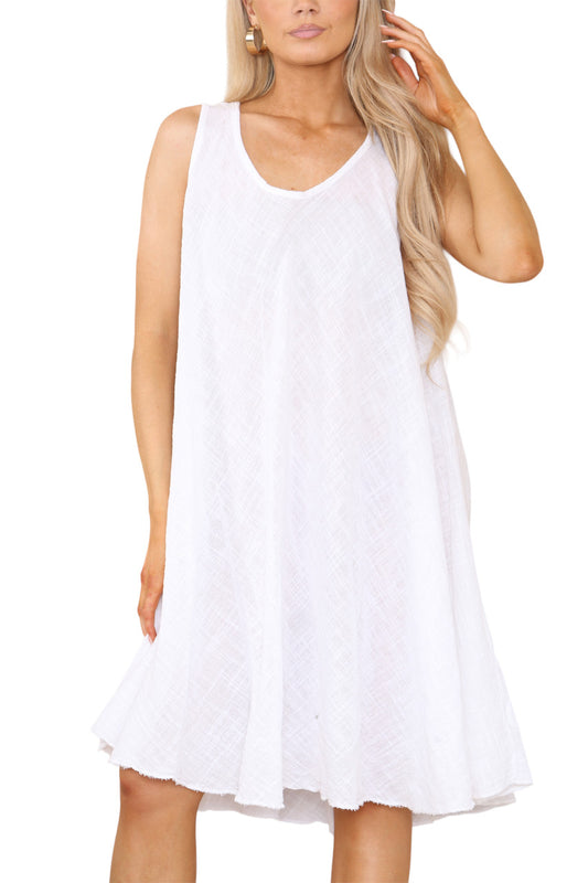 Ladies Plain V-Neck Hanky Hem Sleeveless Dress White