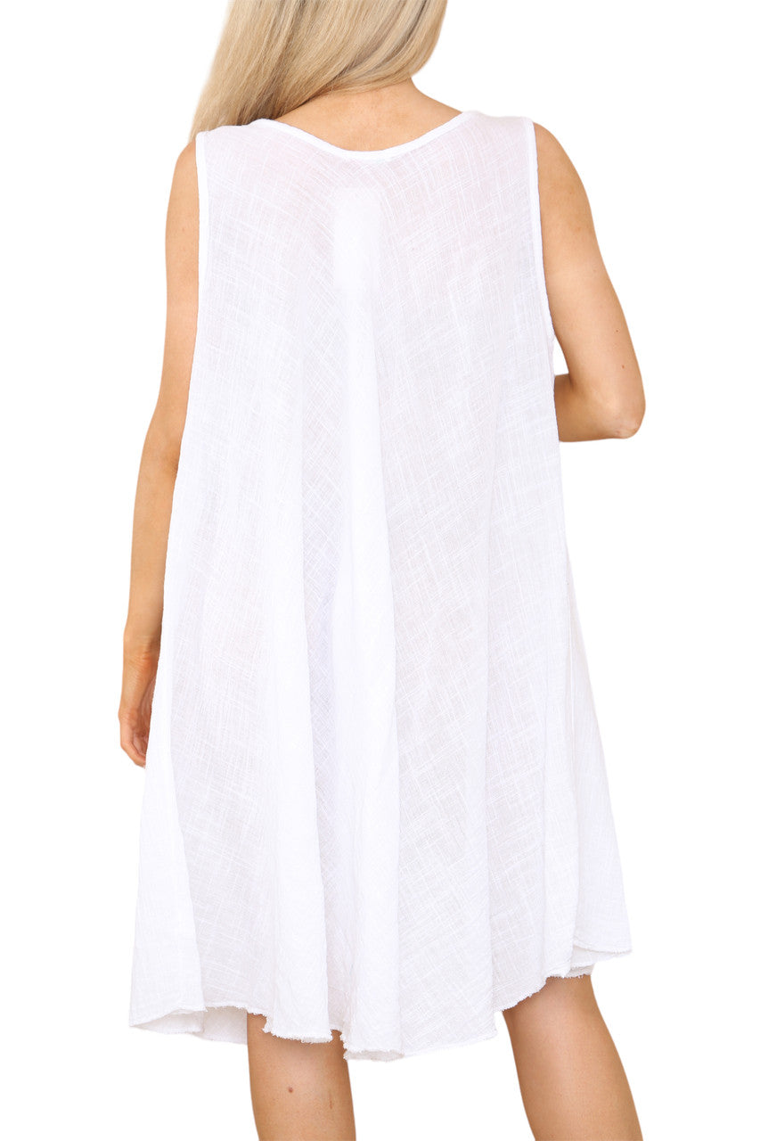 Ladies Plain V-Neck Hanky Hem Sleeveless Dress White